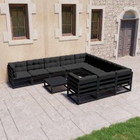 vidaXL 11 Piece Patio Lounge Set with Cushions Black Solid Pinewood