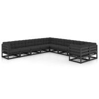 vidaXL 10 Piece Patio Lounge Set with Cushions Black Solid Pinewood