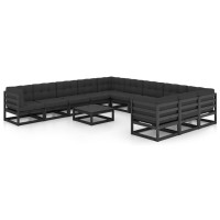 vidaXL 12 Piece Patio Lounge Set with Cushions Black Solid Pinewood