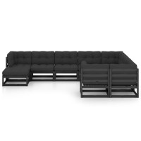 vidaXL 10 Piece Patio Lounge Set with Cushions Black Solid Pinewood