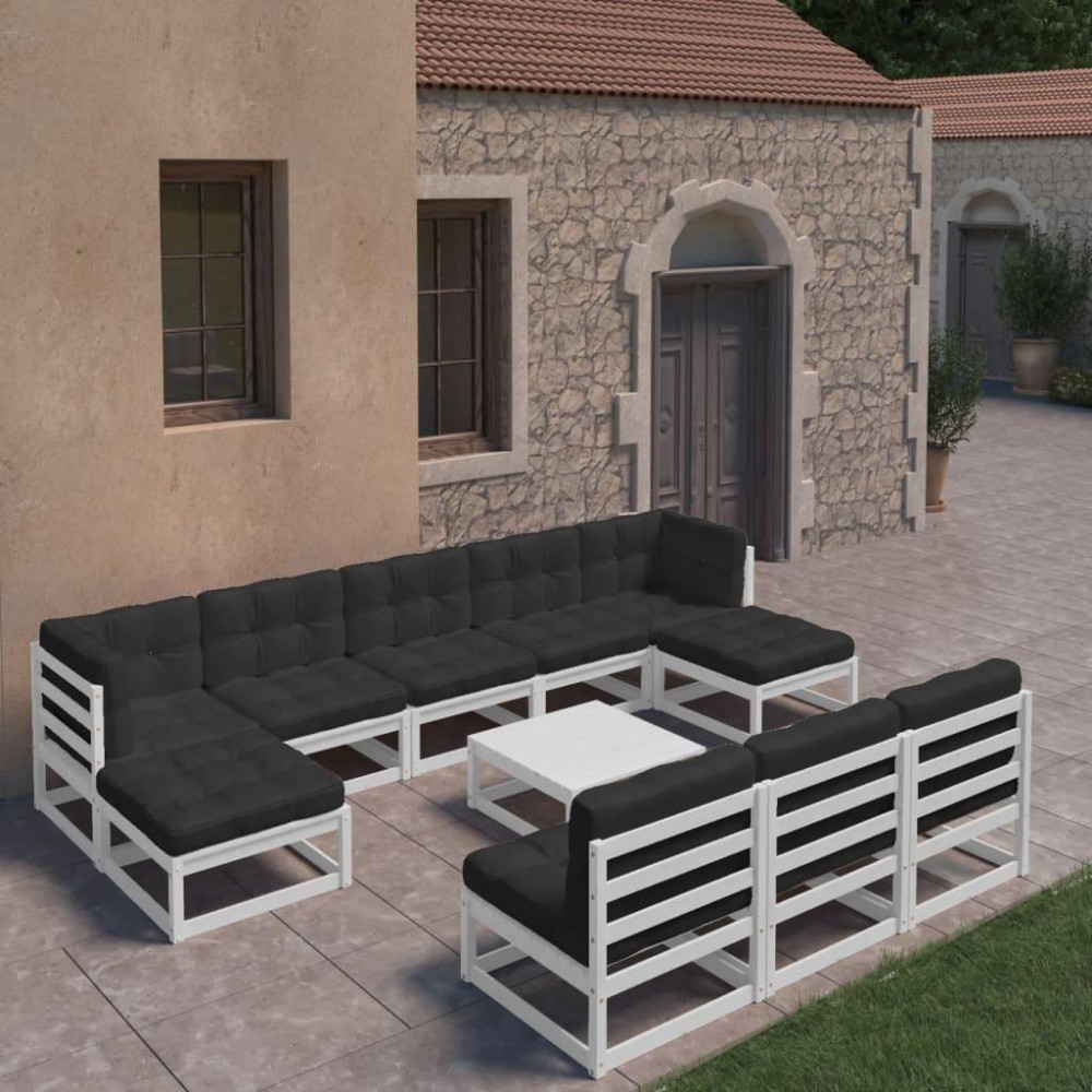 vidaXL 11 Piece Patio Lounge Set with Cushions White Solid Pinewood