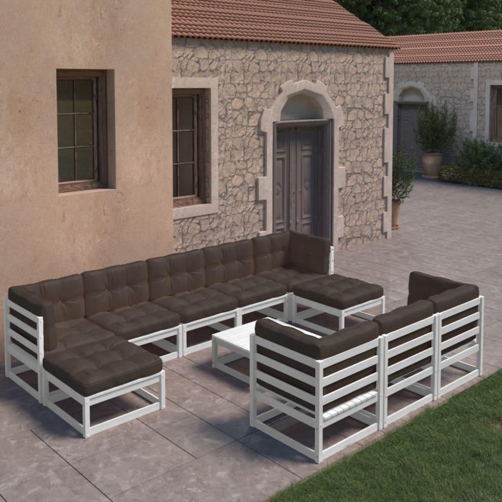 vidaXL 11 Piece Patio Lounge Set with Cushions White Solid Pinewood