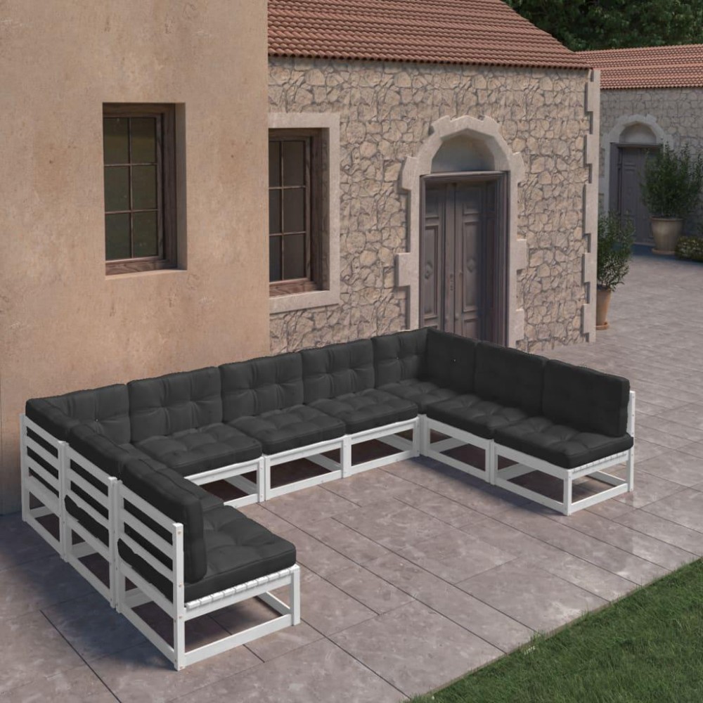 vidaXL 9 Piece Patio Lounge Set with Cushions White Solid Pinewood