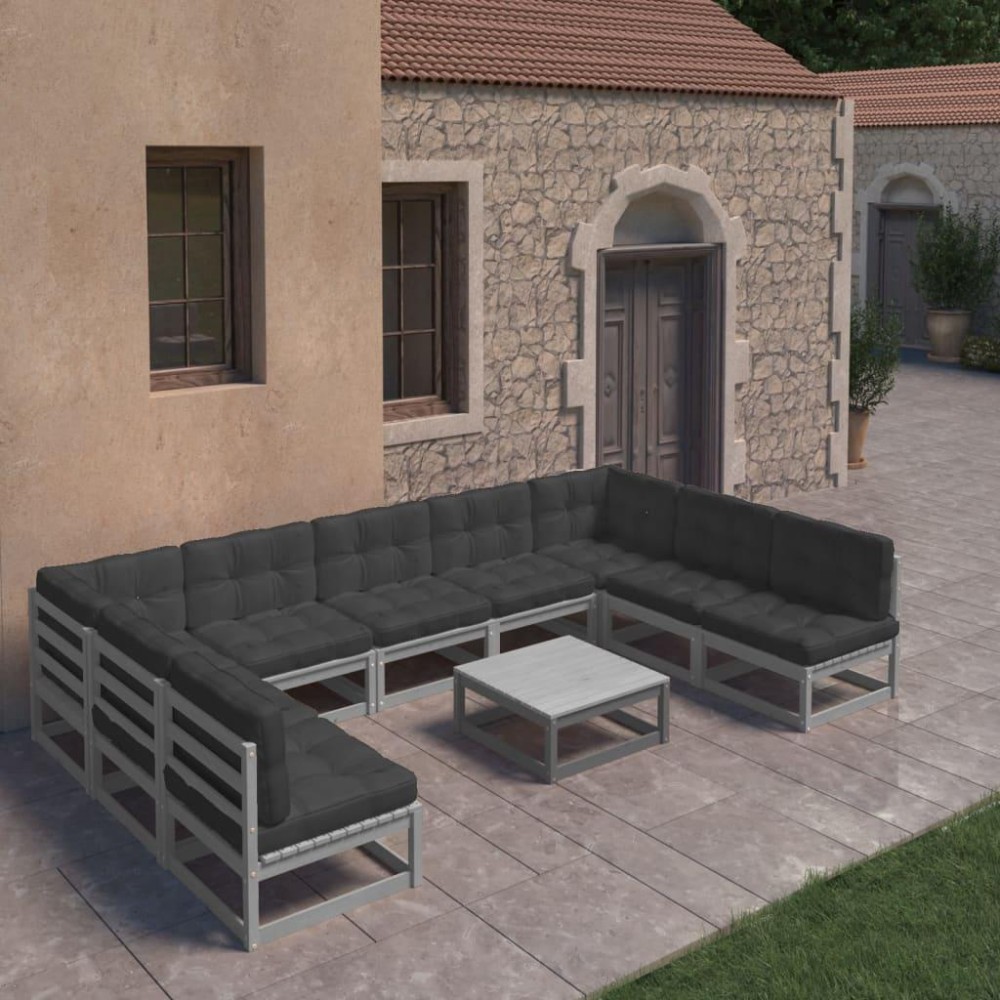 vidaXL 10 Piece Patio Lounge Set with Cushions Gray Solid Pinewood