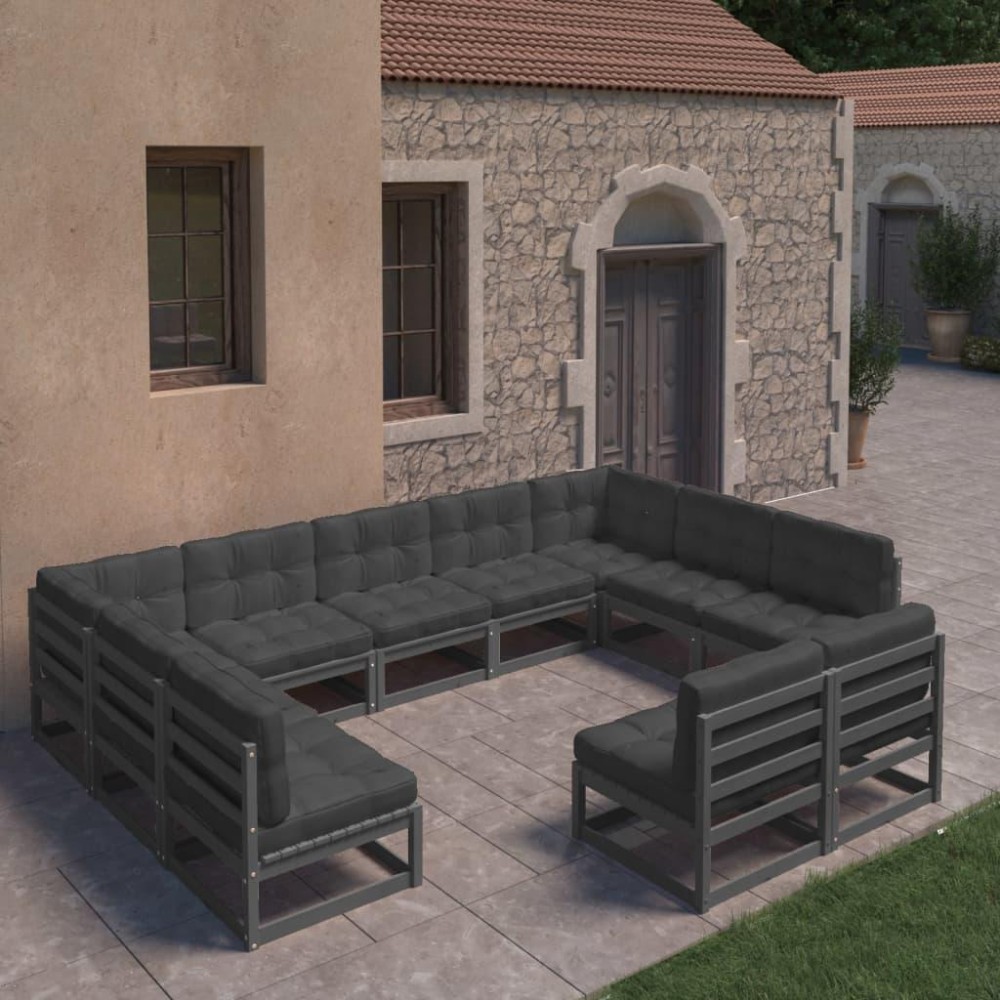 vidaXL 11 Piece Patio Lounge Set with Cushions Black Solid Pinewood