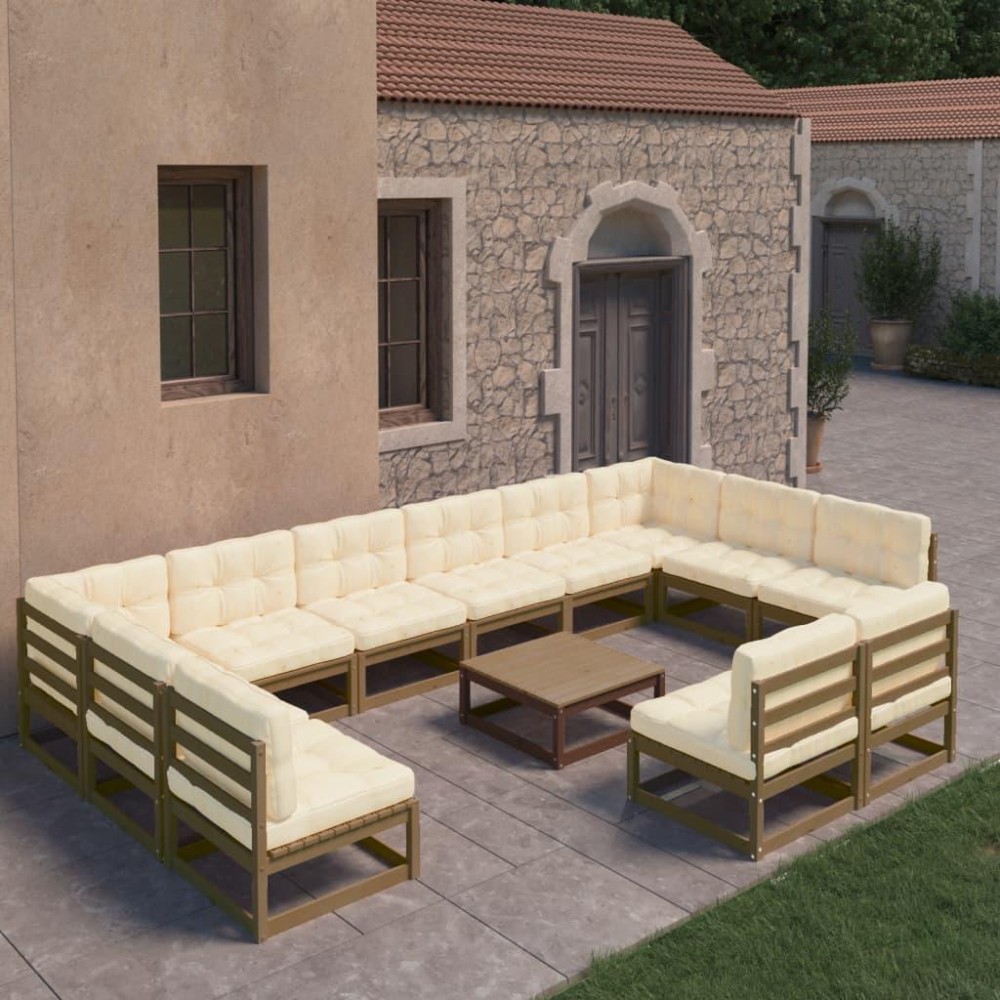 vidaXL 13 Piece Patio Lounge Set&Cushions Honey Brown Solid Pinewood