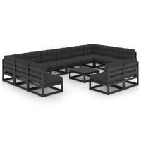 vidaXL 13 Piece Patio Lounge Set with Cushions Black Solid Pinewood