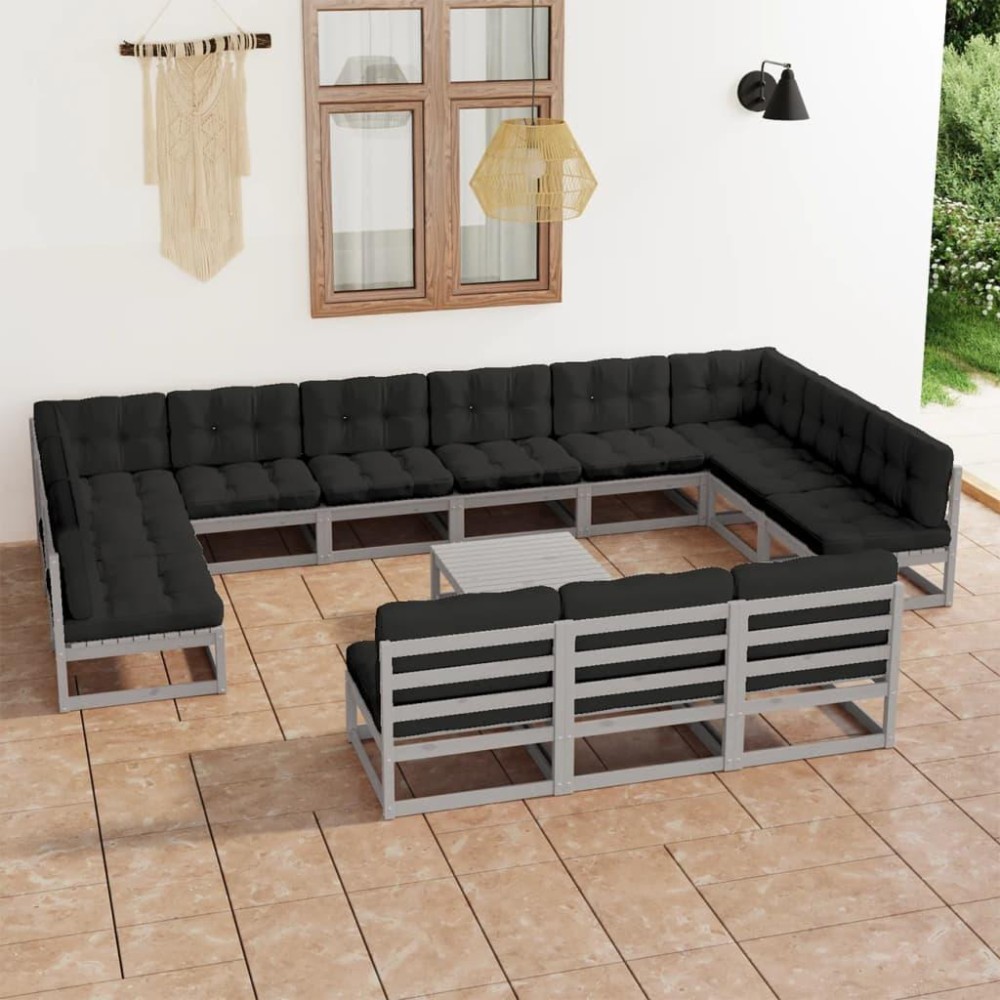 vidaXL 14 Piece Patio Lounge Set with Cushions Gray Solid Pinewood