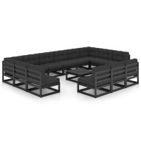 vidaXL 14 Piece Patio Lounge Set with Cushions Black Solid Pinewood