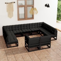 vidaXL 11 Piece Patio Lounge Set with Cushions Black Solid Pinewood