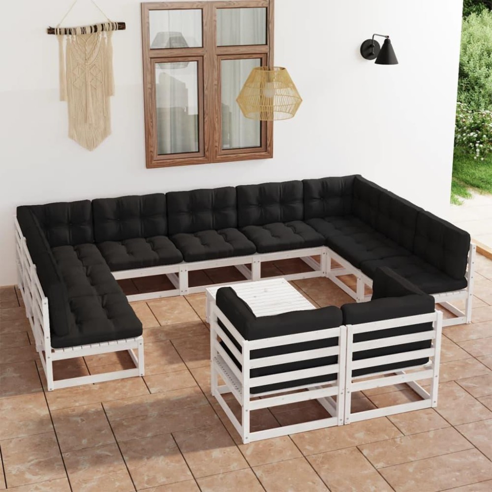 vidaXL 12 Piece Patio Lounge Set with Cushions White Solid Pinewood