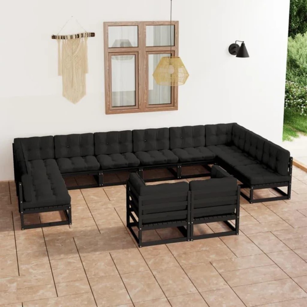 vidaXL 12 Piece Patio Lounge Set with Cushions Black Solid Pinewood