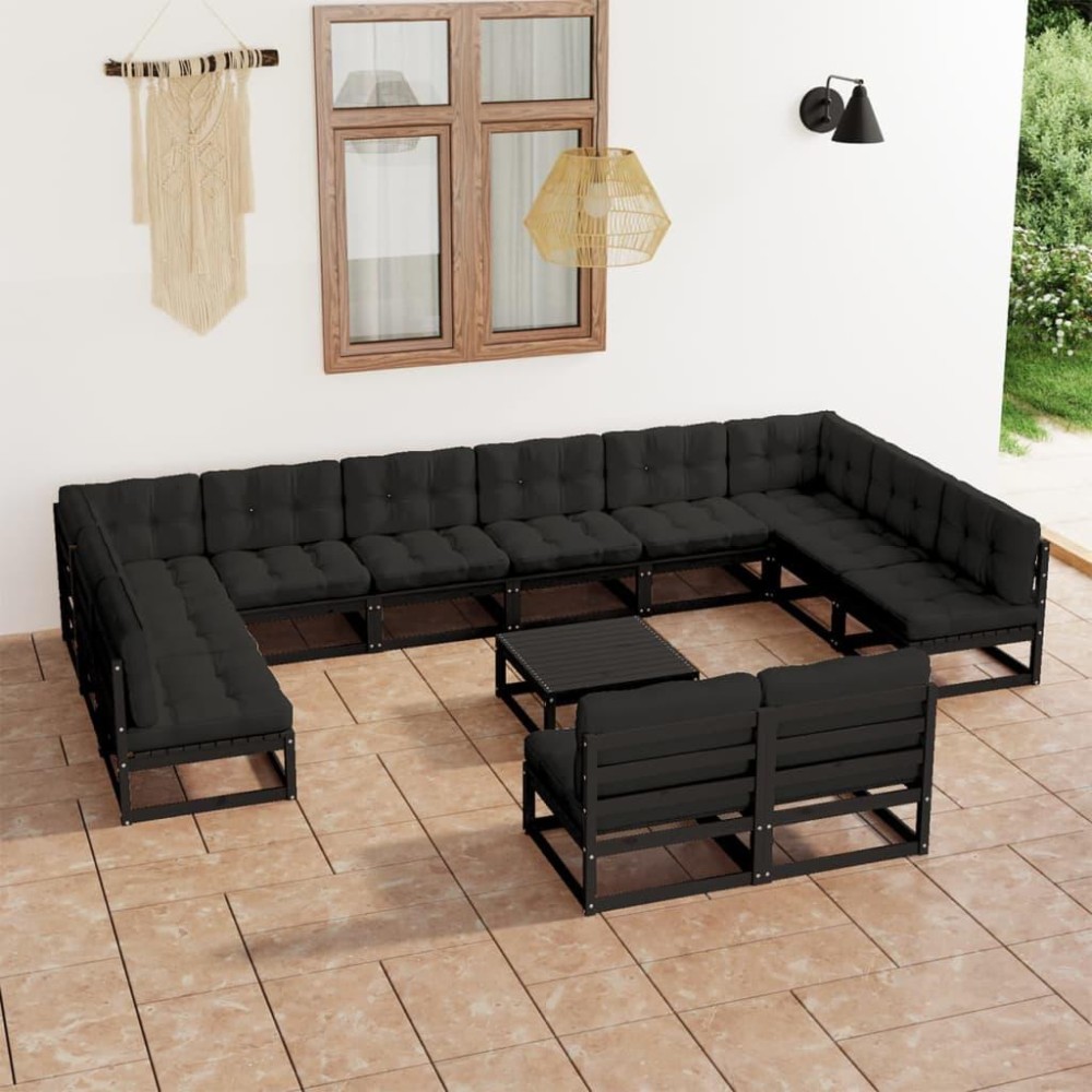 vidaXL 13 Piece Patio Lounge Set with Cushions Black Solid Pinewood