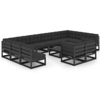 vidaXL 13 Piece Patio Lounge Set with Cushions Black Solid Pinewood