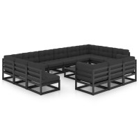 vidaXL 14 Piece Patio Lounge Set with Cushions Black Solid Pinewood