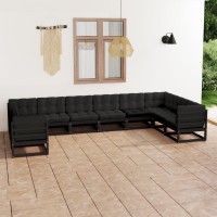 vidaXL 10 Piece Patio Lounge Set with Cushions Black Solid Pinewood