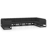 vidaXL 10 Piece Patio Lounge Set with Cushions Black Solid Pinewood