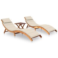 vidaXL Sun Loungers 2 pcs with Table and Cushions Solid Acacia Wood