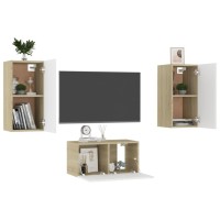 vidaXL 3 Piece TV Stand Set White and Sonoma Oak Engineered Wood