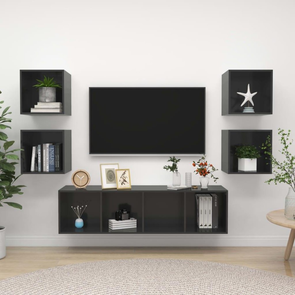 Vidaxl 5 Piece Tv Cabinet Set High Gloss Gray Engineered Wood
