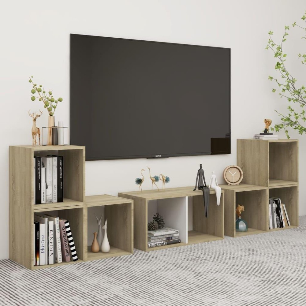 Vidaxl 6 Piece Tv Cabinet Set White And Sonoma Oak Engineered Wood