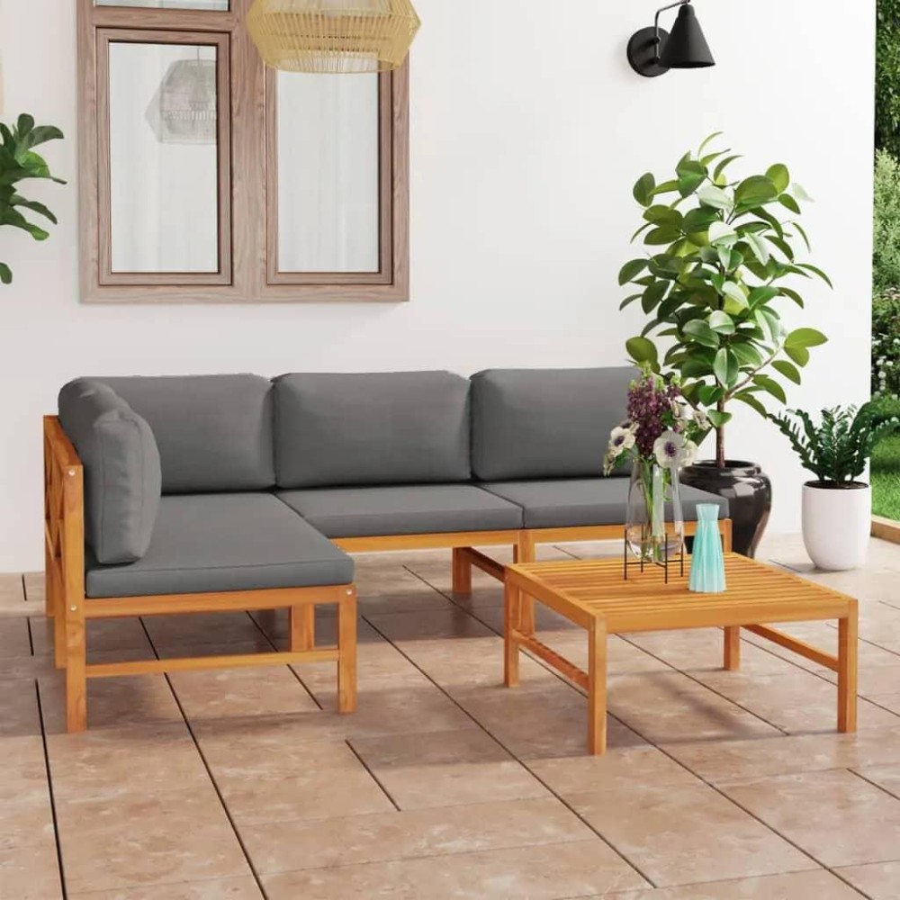 vidaXL 5 Piece Patio Lounge Set with Gray Cushions Solid Teak Wood