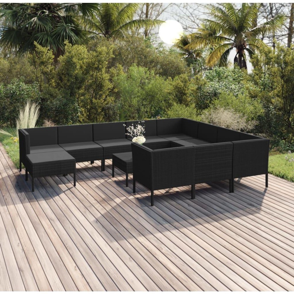 vidaXL 12 Piece Patio Lounge Set with Cushions Poly Rattan Black