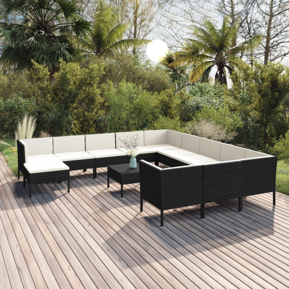 vidaXL 13 Piece Patio Lounge Set with Cushions Poly Rattan Black