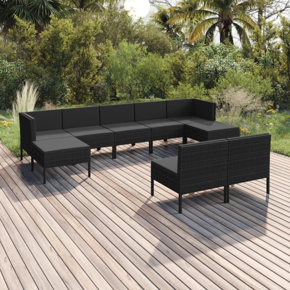 vidaXL 9 Piece Patio Lounge Set with Cushions Poly Rattan Black