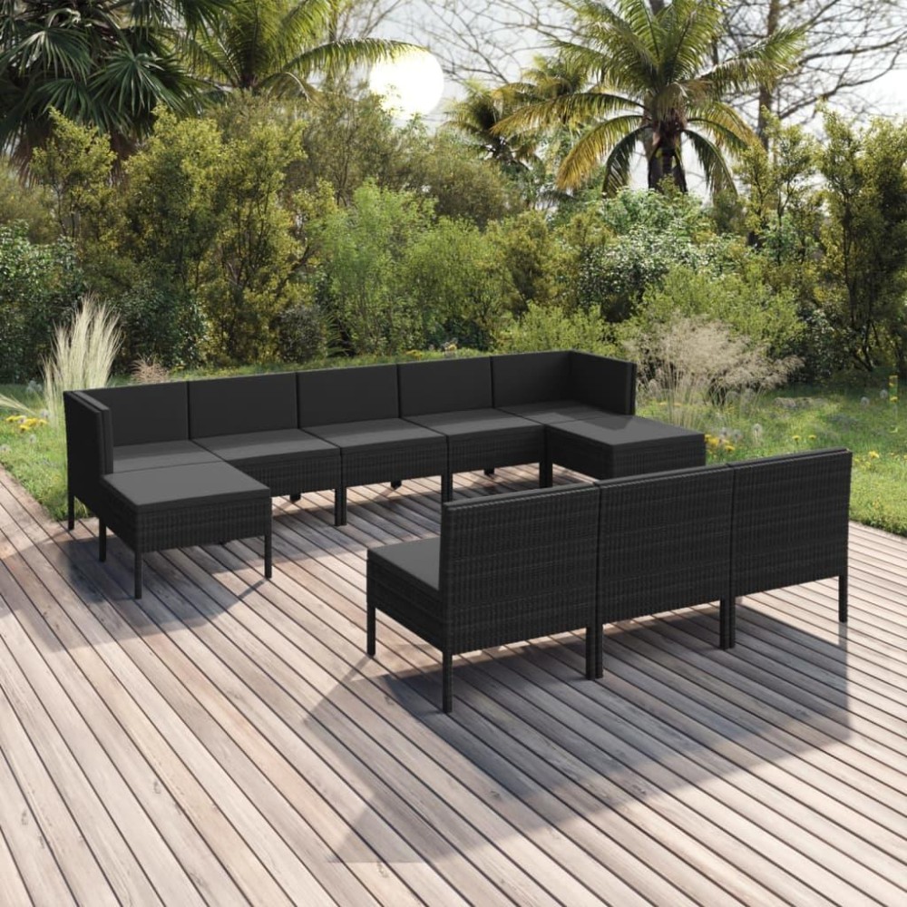 vidaXL 10 Piece Patio Lounge Set with Cushions Poly Rattan Black