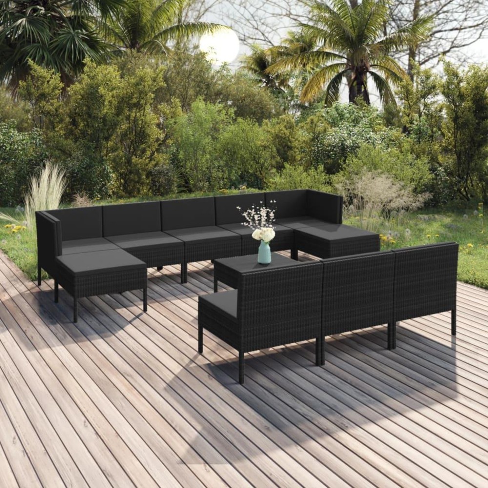 vidaXL 11 Piece Patio Lounge Set with Cushions Poly Rattan Black