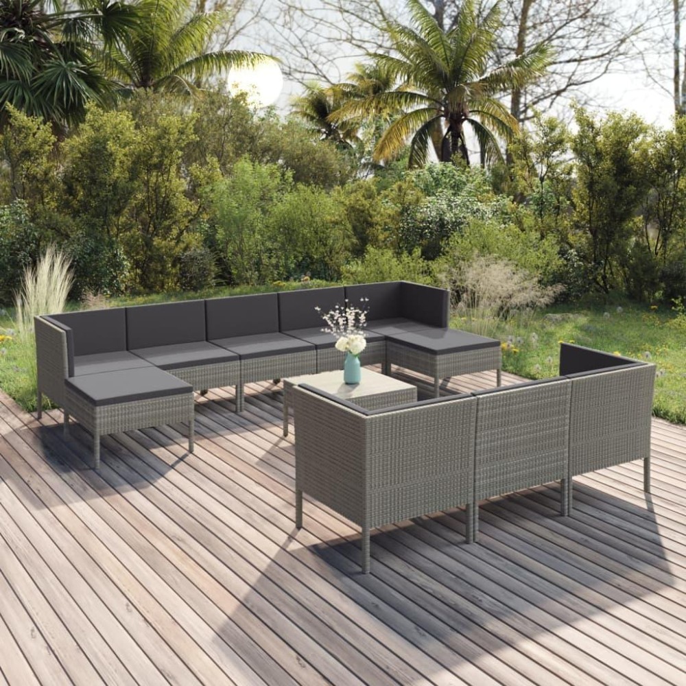 vidaXL 11 Piece Patio Lounge Set with Cushions Poly Rattan Gray