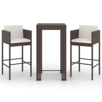 vidaXL 3 Piece Patio Bar Set with Cushions Poly Rattan Brown