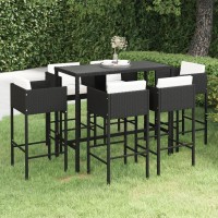 vidaXL 7 Piece Patio Bar Set with Cushions Poly Rattan Black