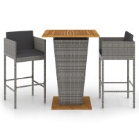 vidaXL 3 Piece Patio Bar Set with Cushions Poly Rattan Gray