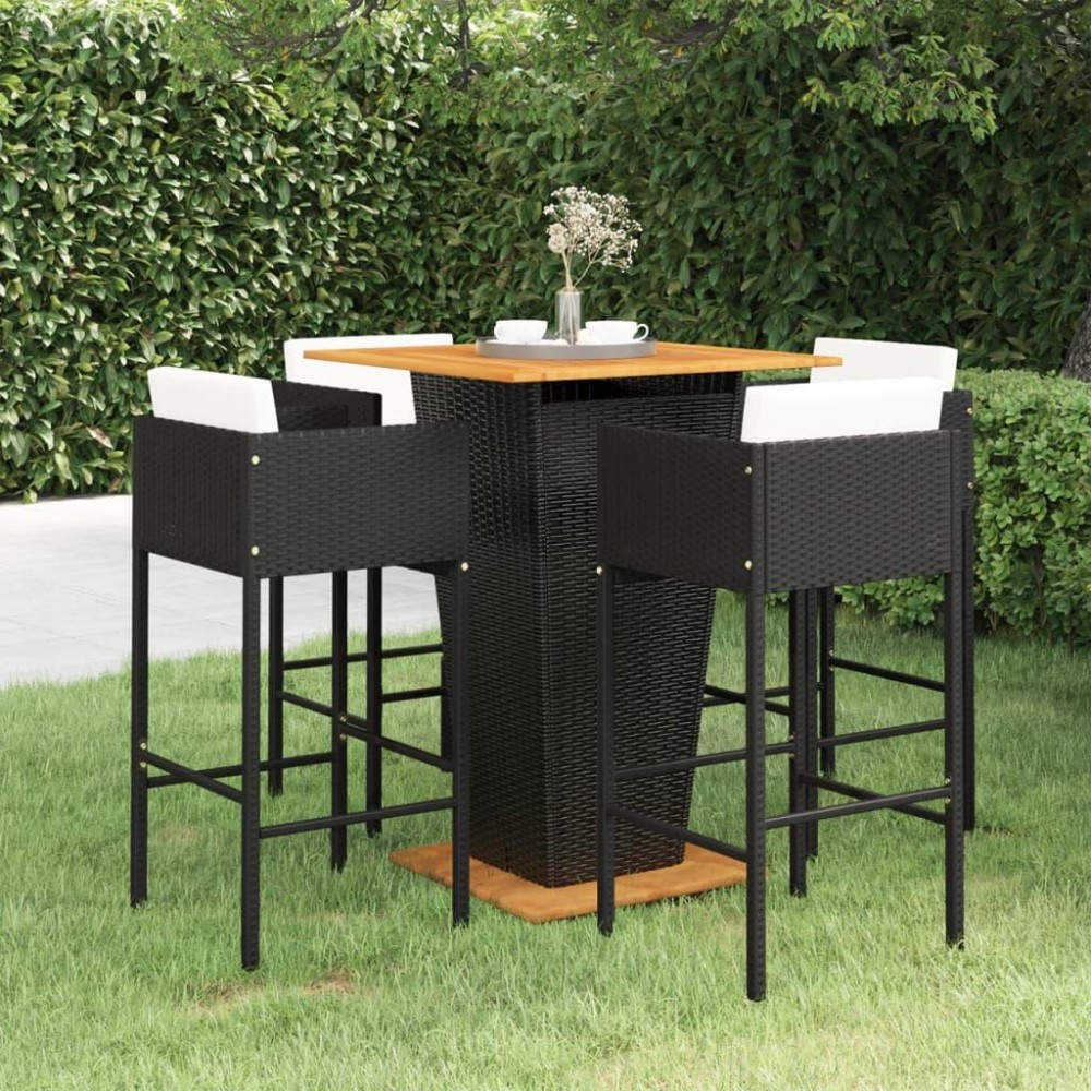 vidaXL 5 Piece Patio Bar Set with Cushions Poly Rattan Black