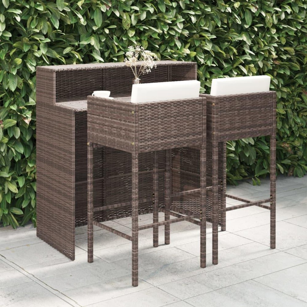 vidaXL 3 Piece Patio Bar Set with Cushions Poly Rattan Brown