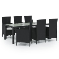 vidaXL 7 Piece Patio Dining Set with Cushions Poly Rattan Black