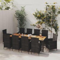 vidaXL 11 Piece Patio Dining Set with Cushions Poly Rattan Black