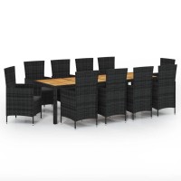 vidaXL 11 Piece Patio Dining Set with Cushions Poly Rattan Black