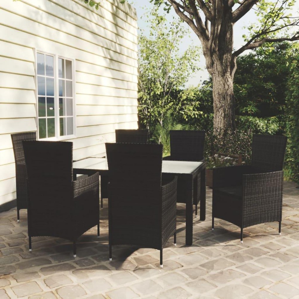 vidaXL 7 Piece Patio Dining Set with Cushions Poly Rattan Black