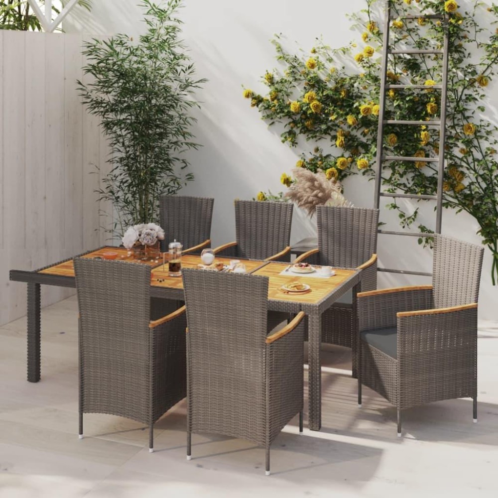 vidaXL 7 Piece Patio Dining Set with Cushions Poly Rattan Gray