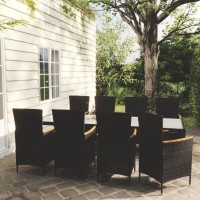 vidaXL 9 Piece Patio Dining Set with Cushions Poly Rattan Black