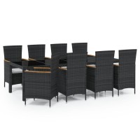 vidaXL 9 Piece Patio Dining Set with Cushions Poly Rattan Black