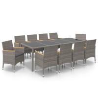 vidaXL 11 Piece Patio Dining Set with Cushions Poly Rattan Black and Gray