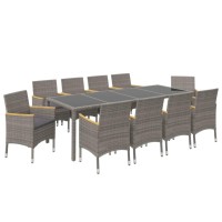 vidaXL 11 Piece Patio Dining Set with Cushions Poly Rattan Black and Gray