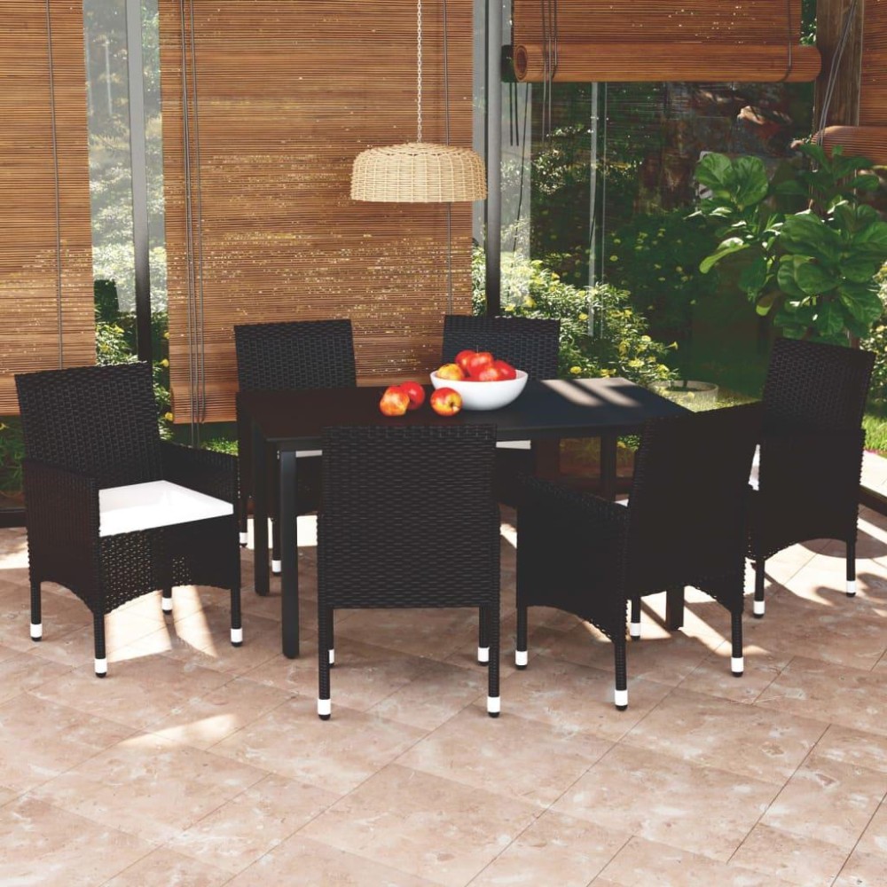 vidaXL 7 Piece Patio Dining Set with Cushions Poly Rattan Black