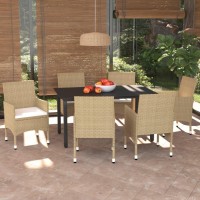 vidaXL 7 Piece Patio Dining Set with Cushions Poly Rattan Beige