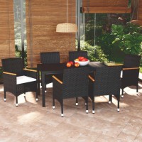 vidaXL 7 Piece Patio Dining Set with Cushions Poly Rattan Black