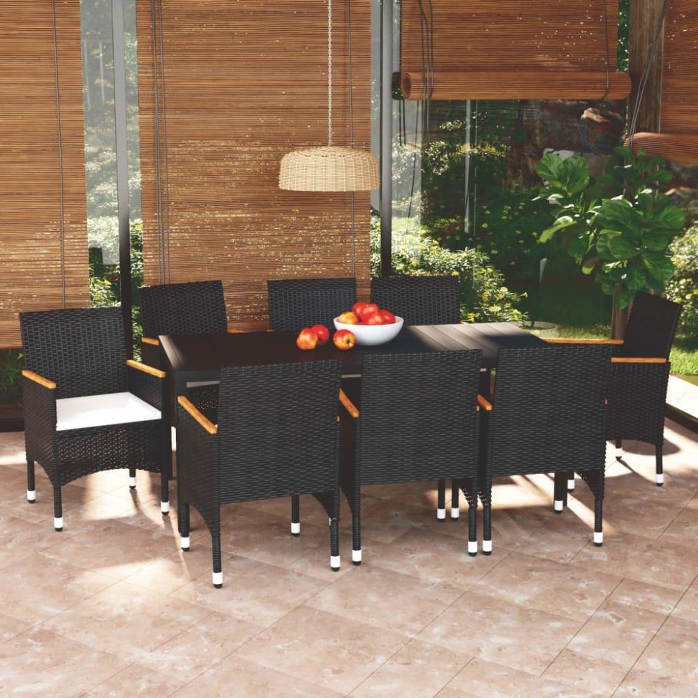 vidaXL 9 Piece Patio Dining Set with Cushions Poly Rattan Black